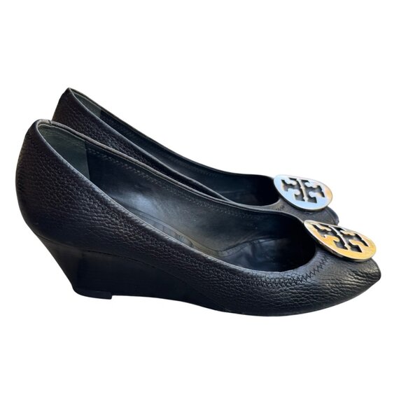 Tory Burch Black Leather Wedge Peep Toe Pumps With Gold Logo Size 10M - Picture 2 of 12
